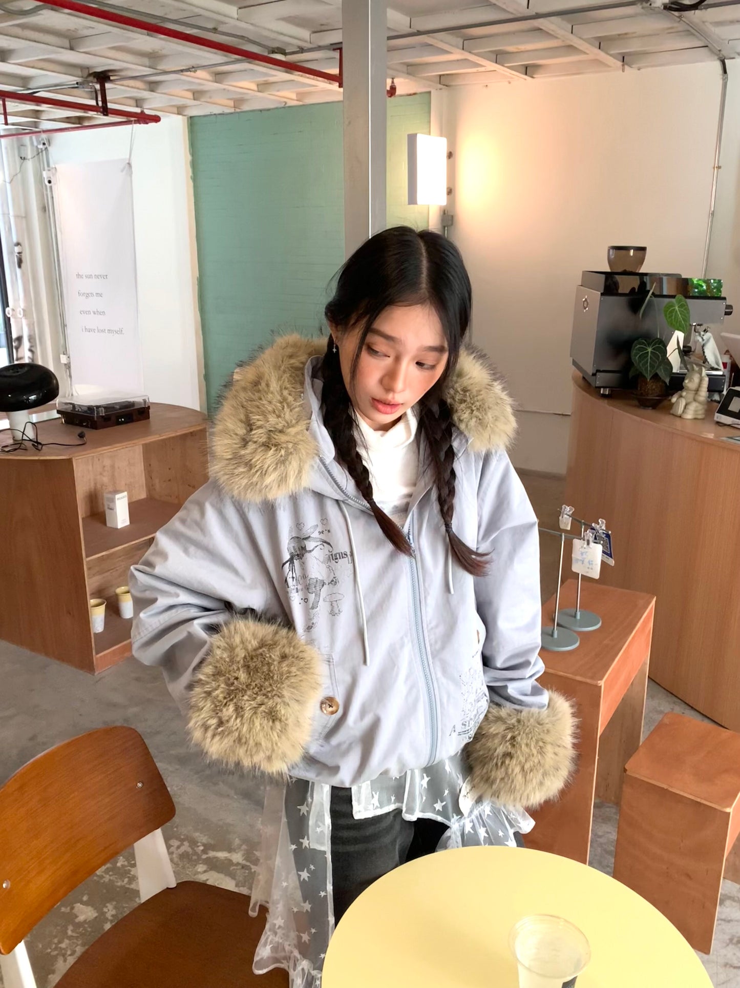 Fake Fur Trim Graphic Print Oversize Hooded Jacket NA9292