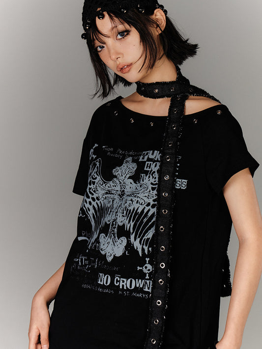 Off-Shoulder Eyelet Graphic Print Short Sleeve T-Shirt & Choker NA9232