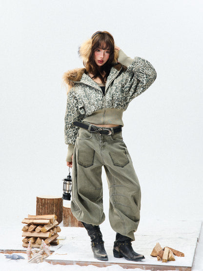 Leopard Print Fur-Trim Hood Puffer Jacket NA9416