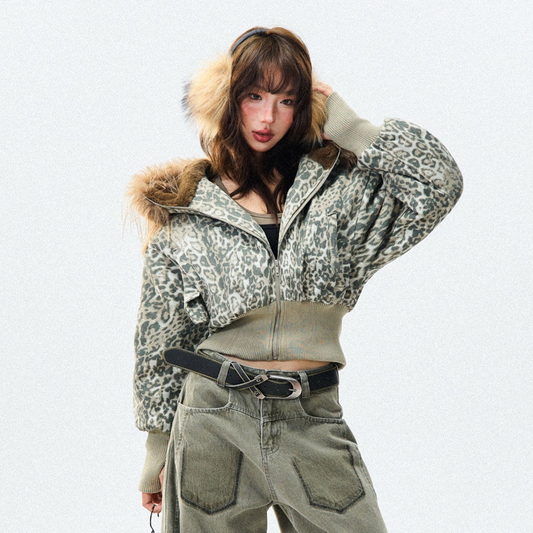 Leopard Print Fur-Trim Hood Puffer Jacket NA9416