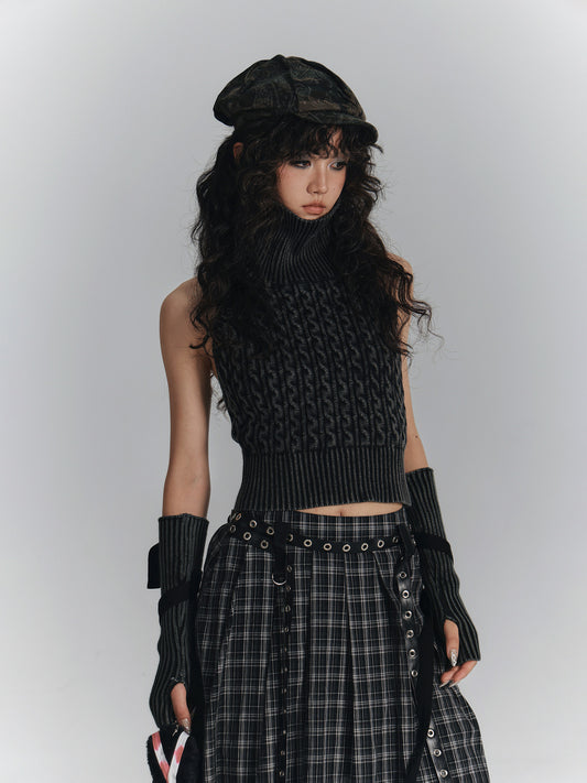 High-Neck Sleeveless Lace-Up Backless Knit Sweater & Arm Warmers NA8908
