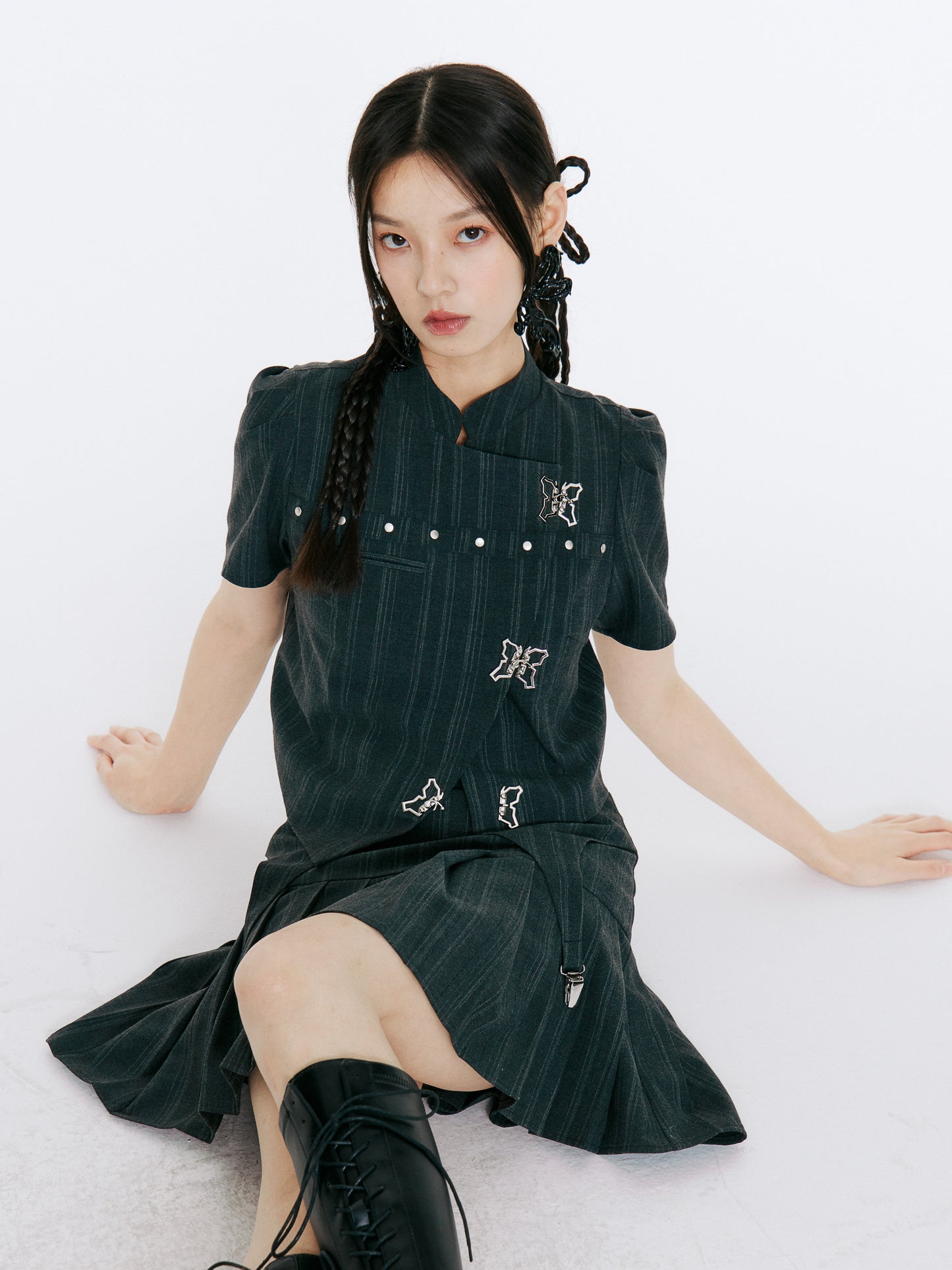 Bow Detail Pinstripe Cropped Shirt & Pleated Skirt Setup NA8838