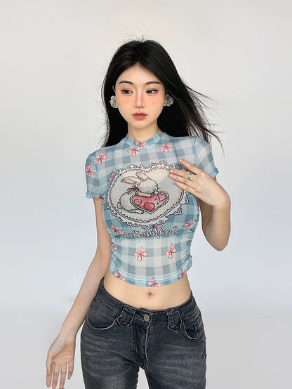 Mesh Plaid Short Sleeve T-shirt NA4571