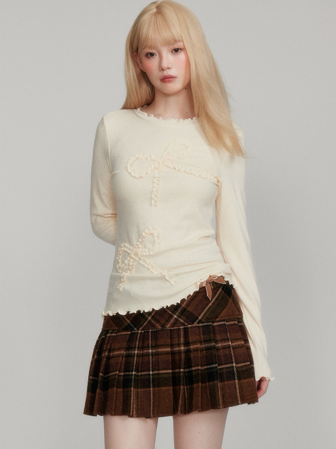 Dot Pattern Bow Lyocell Thermal Long Sleeve T-Shirt NA8781
