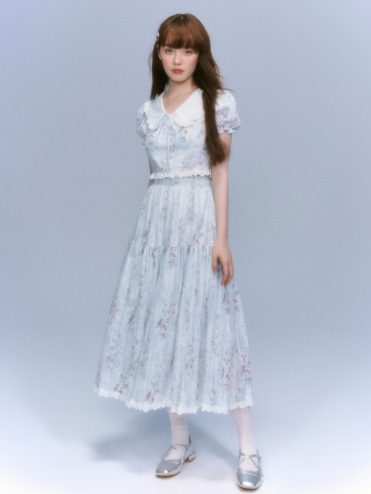 Floral-Print Blouse & Lace Trim Flared Skirt Setup NA8827