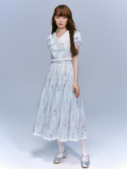 Floral-Print Blouse & Lace Trim Flared Skirt Setup NA8827