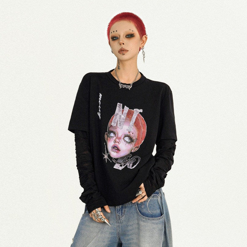 Cartoon Portrait Print Fake Layered Design Long Sleeve T-Shirt NA8604