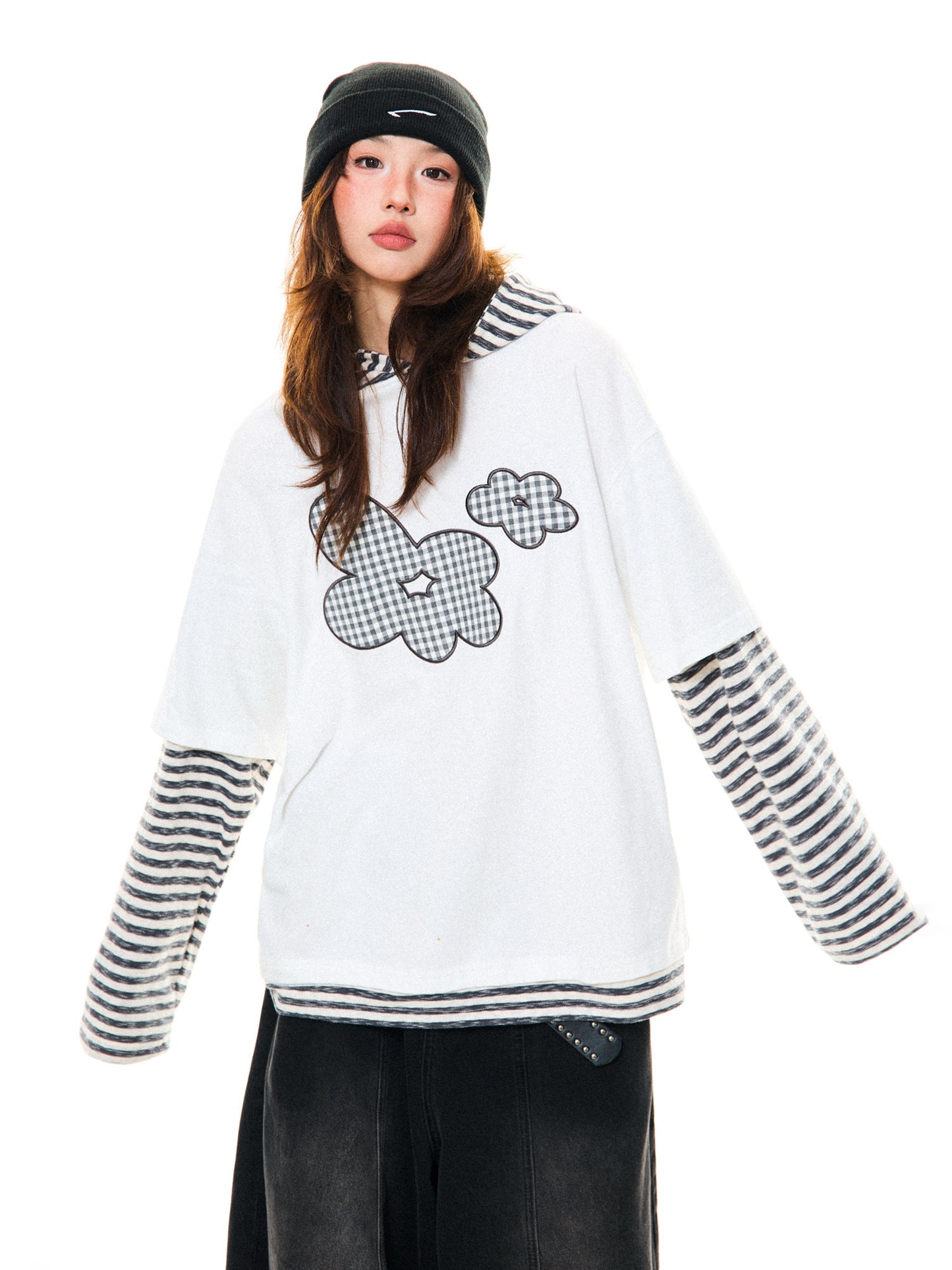 Flower Graphic Layered-Look Hoodie NA9407