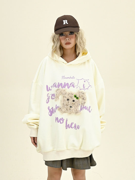 Oversize Fleece Little Dog Design Hoodie NA6296