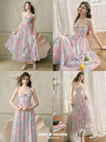 All-over Pattern Hanging Neck Long Dress NA5933