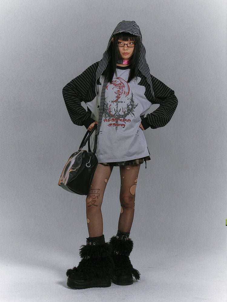 Raglan Stripe Damage Patchwork Long Sleeve T-Shirt NA8918