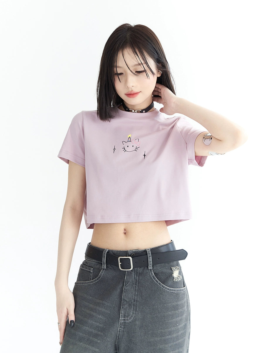 Cat Print Crop Top Short Sleeve T-Shirt NA2736