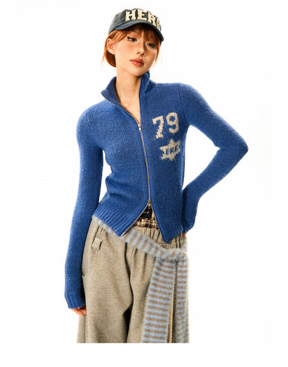 Number Patch Knit Zipper Stand Neck Cardigan NA9359