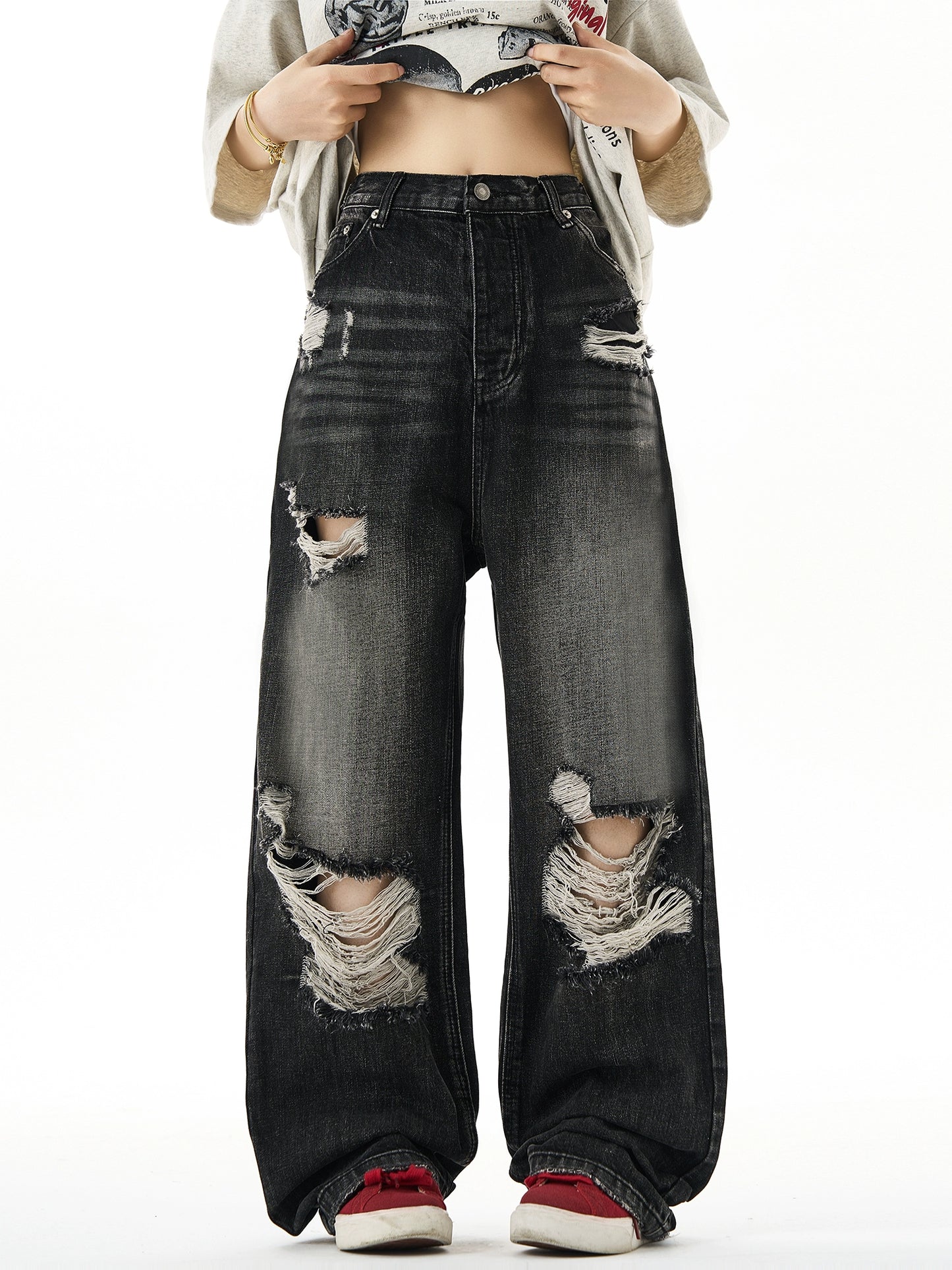 Wide-Leg Straight Damaged Denim Jeans NA3075