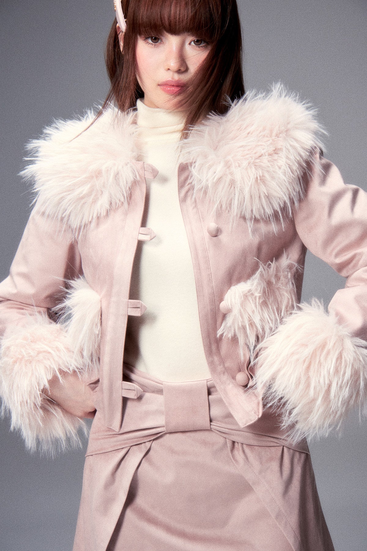 Fur Collar Bow Jacket & Bow Suede Skirt Setup NA8800