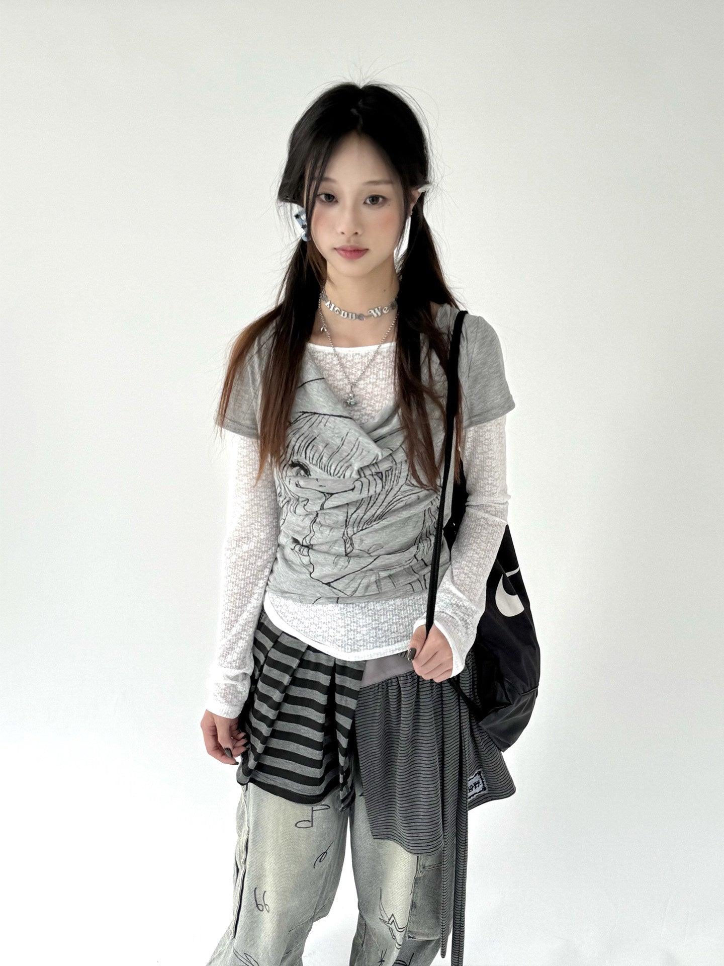 Fake Layered Draped Print Long Sleeve T-Shirt NA9242