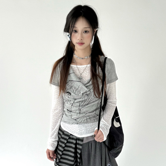Fake Layered Draped Print Long Sleeve T-Shirt NA9242