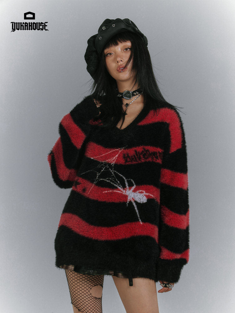 Mohair Spider Pattern Stripe Oversize V-Neck Knit Sweater NA8894