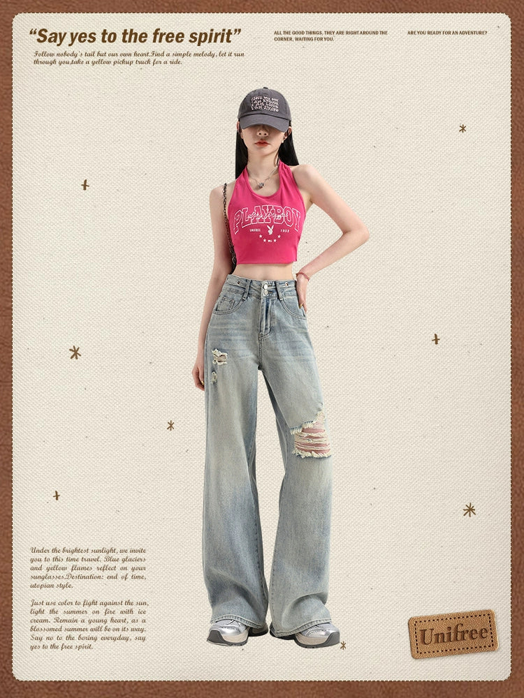 Damaged Wide-Leg Straight Denim Jeans NA3539