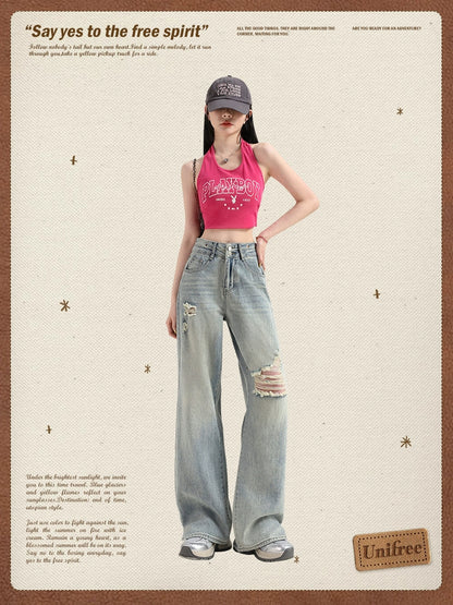 Damaged Wide-Leg Straight Denim Jeans NA3539