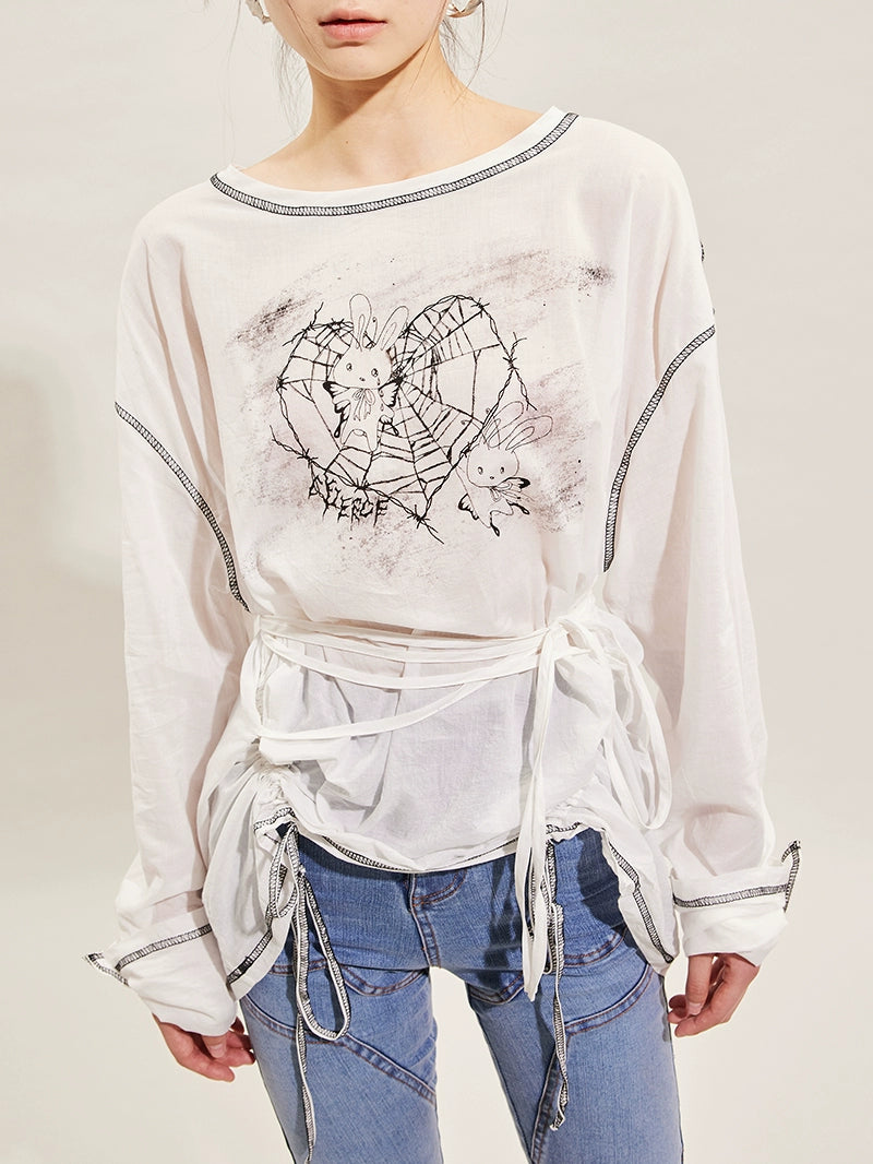 Hand-Drawn Rabbit Print Long Sleeve T-Shirt NA6590