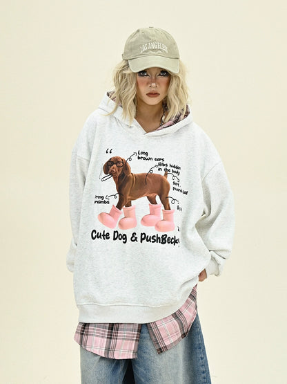 Dog Print Fake Layered Plaid Patchwork Hoodie NA6221