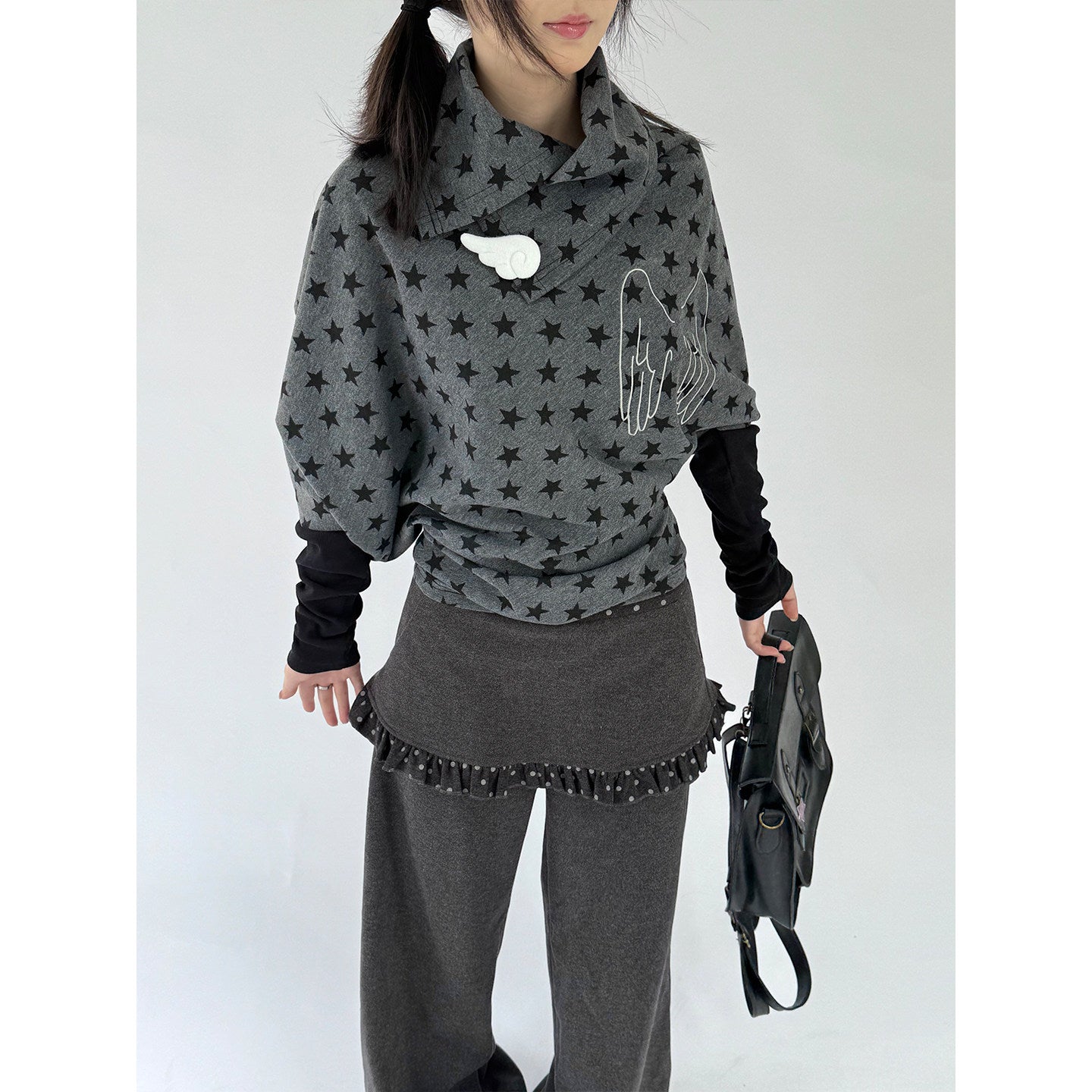 Star Print Wing Detail Layered Long Sleeve T-Shirt NA9304