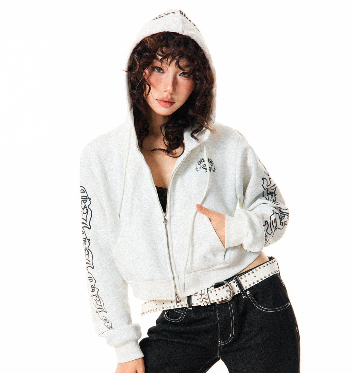 Gothic Logo Print Cropped Zipper Hoodie NA9310