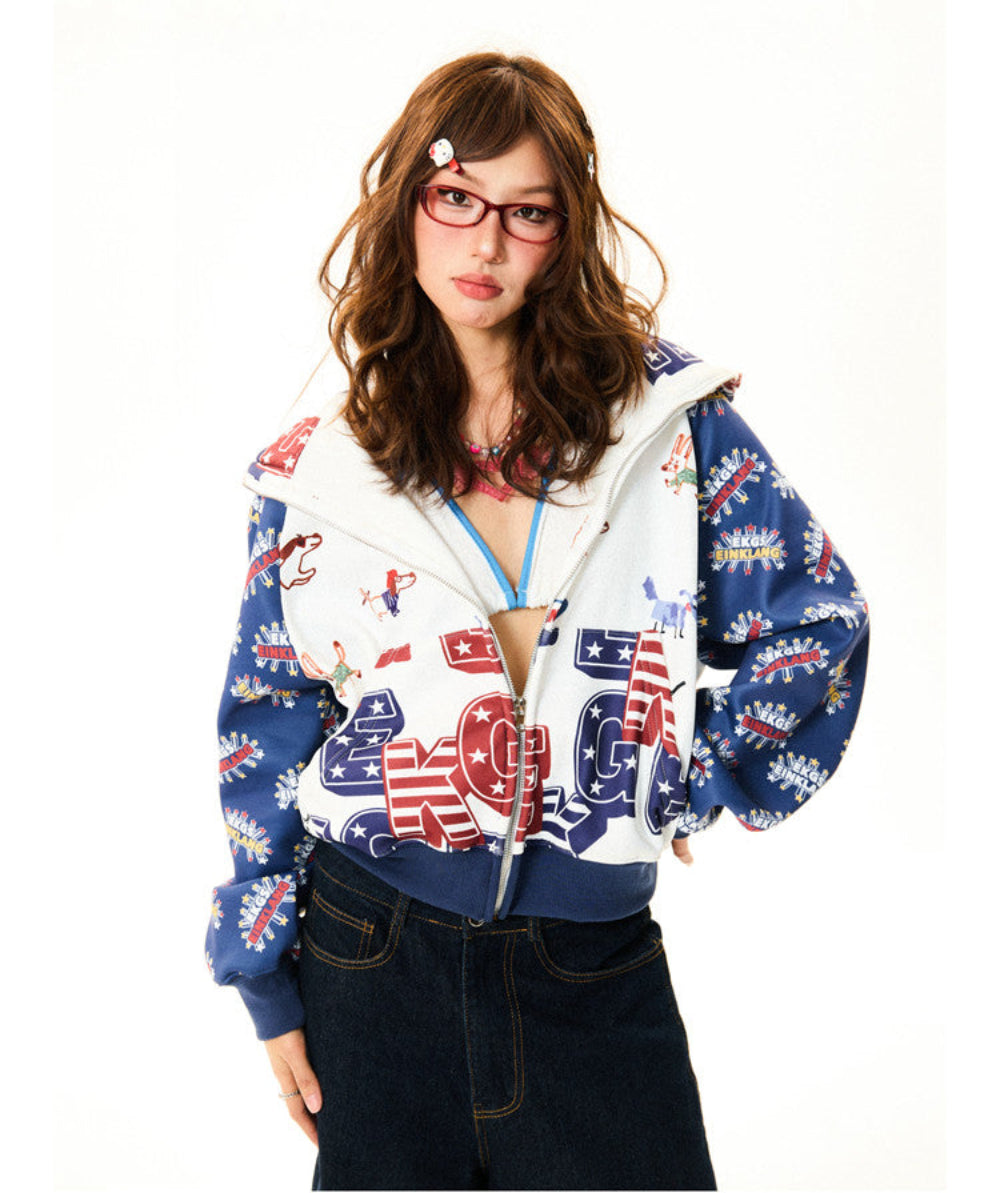 All-Over Print Cropped Zipper Hoodie NA9315