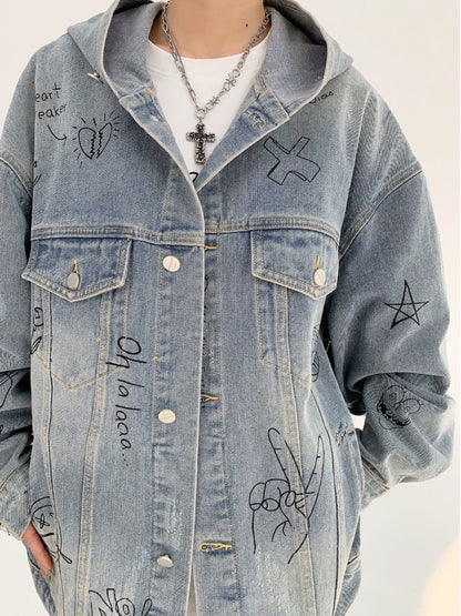 Graffiti Print Oversize Hooded Denim Jacket NA2826