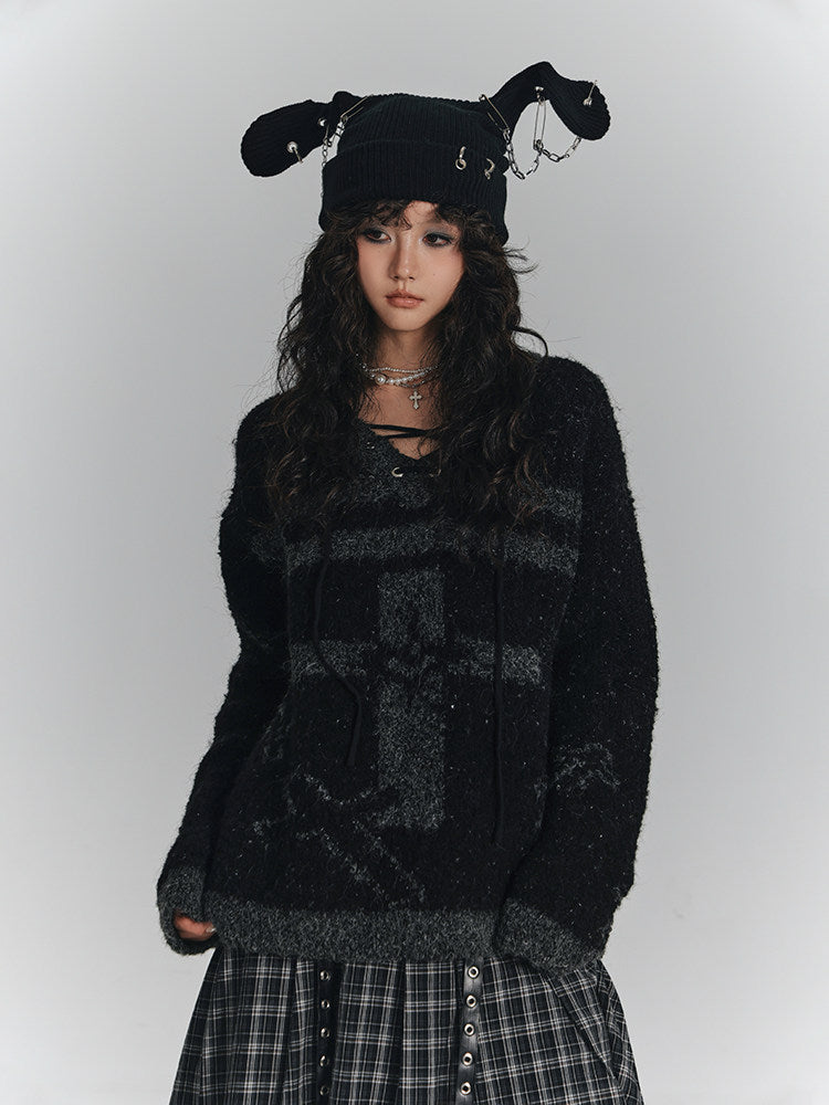 Cross Detail Drawstring Oversize V-Neck Knit Sweater NA8890