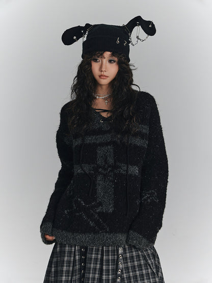 Cross Detail Drawstring Oversize V-Neck Knit Sweater NA8890