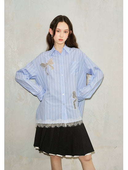 Stripe Lace Hollow Bow Long Sleeve Shirt NA5370