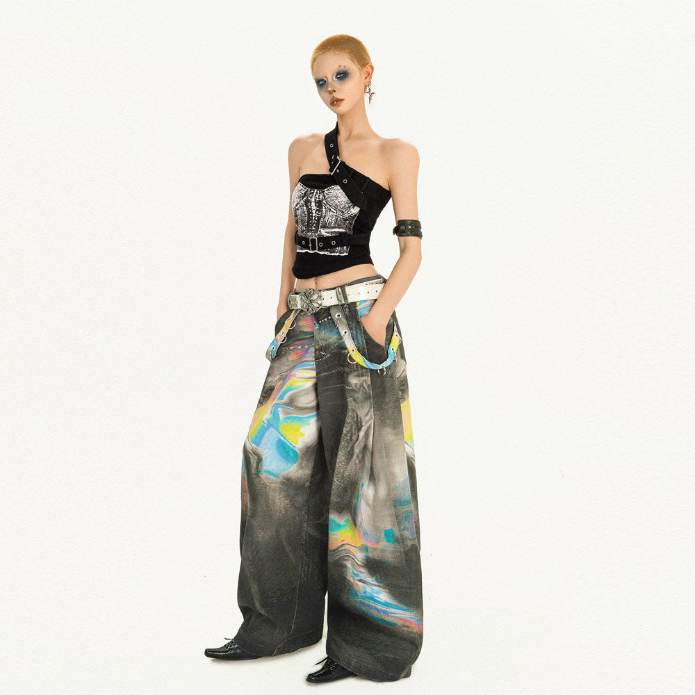 Tie-Dye Wide Leg Color Blended Design Denim Jeans NA8575