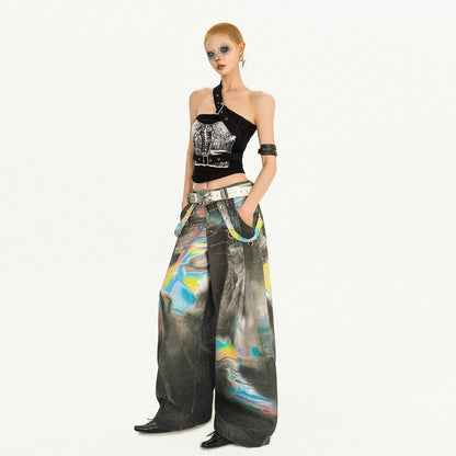 Tie-Dye Wide Leg Color Blended Design Denim Jeans NA8575