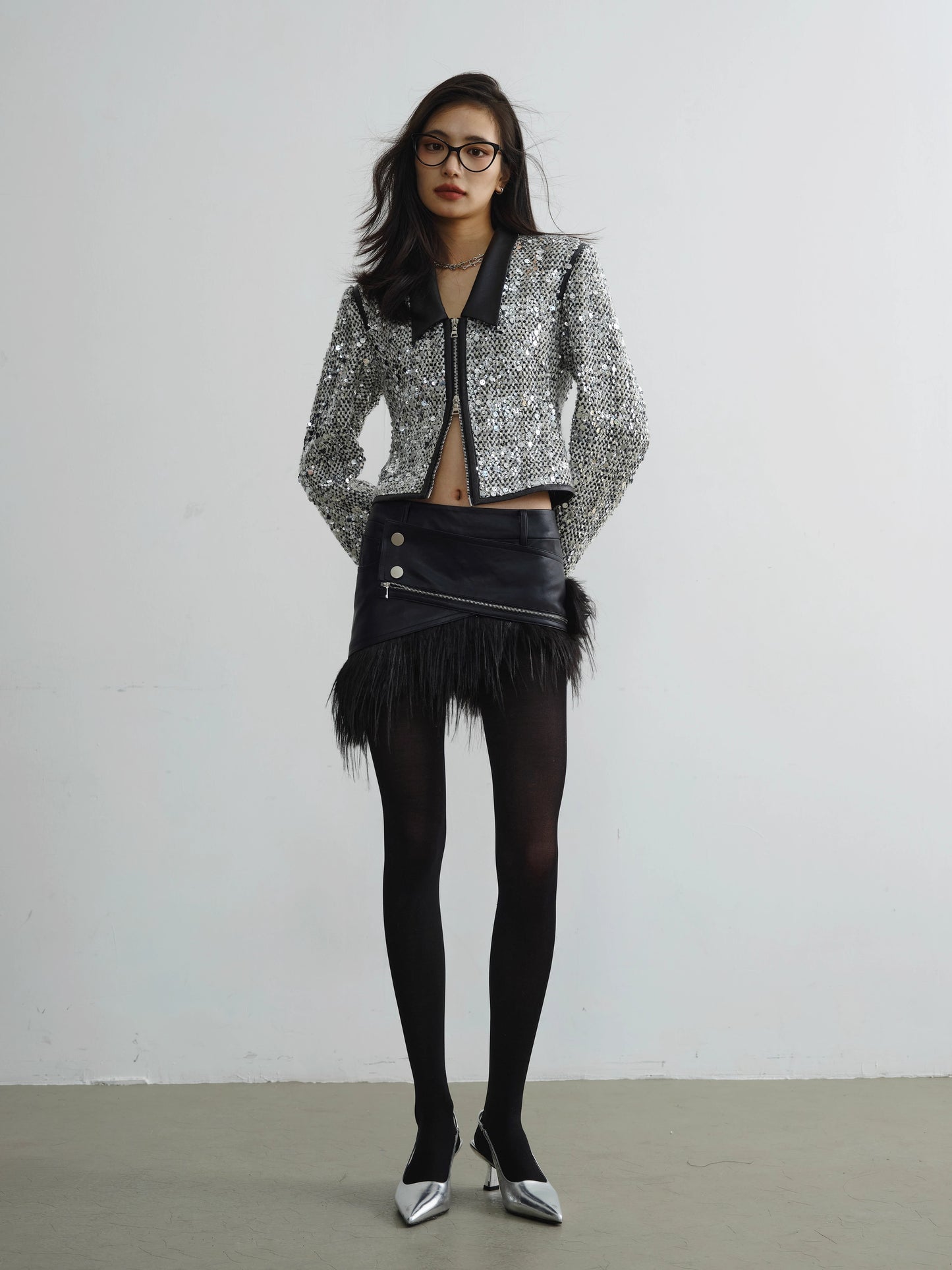 Sequin Cropped Zipper Jacket NA5165