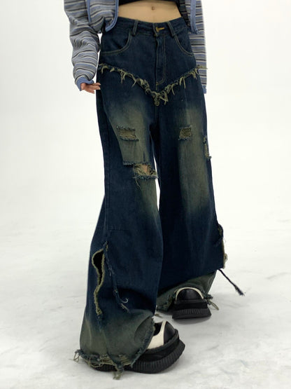 Washed Damage Fray Panel Wide Leg Denim Jeans NA9296