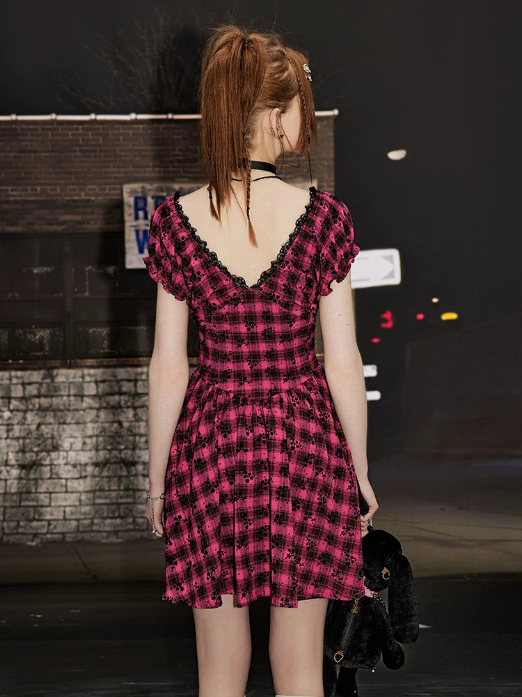 V-neck And Lace French Plaid Dress NA3374