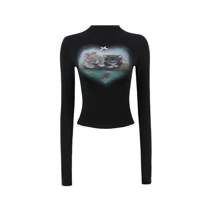 Stand Neck Cat Print Long Sleeve T-shirt NA4084