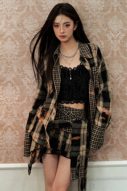 Oversize Plaid Long Sleeve Shirt & Short Skirt & Scarf Setup NA5095