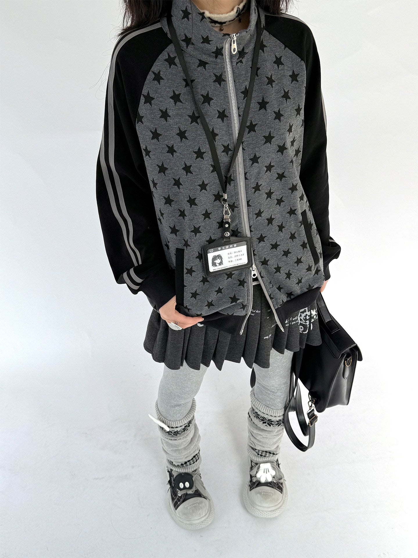 Star Print Double Zipper High-Neck Oversize Cardigan NA9277