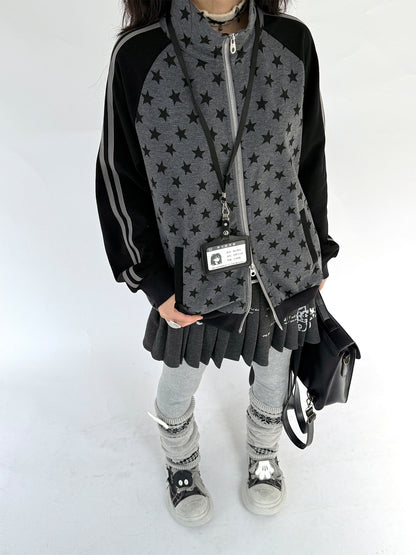 Star Print Double Zipper High-Neck Oversize Cardigan NA9277