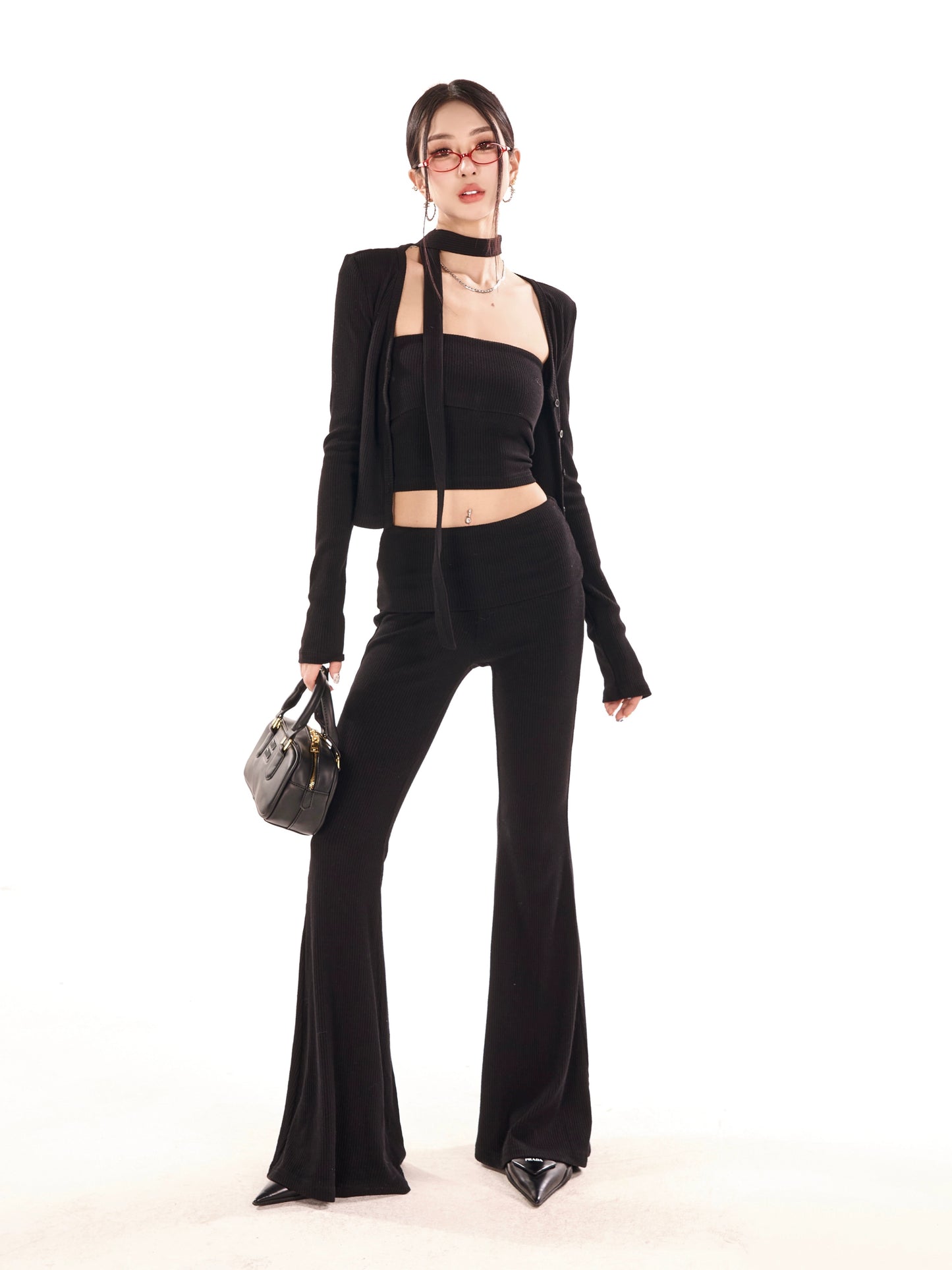 Long Sleeve Knit Cardigan & Tube Top & Slim Fit Flare Pants Setup NA3847