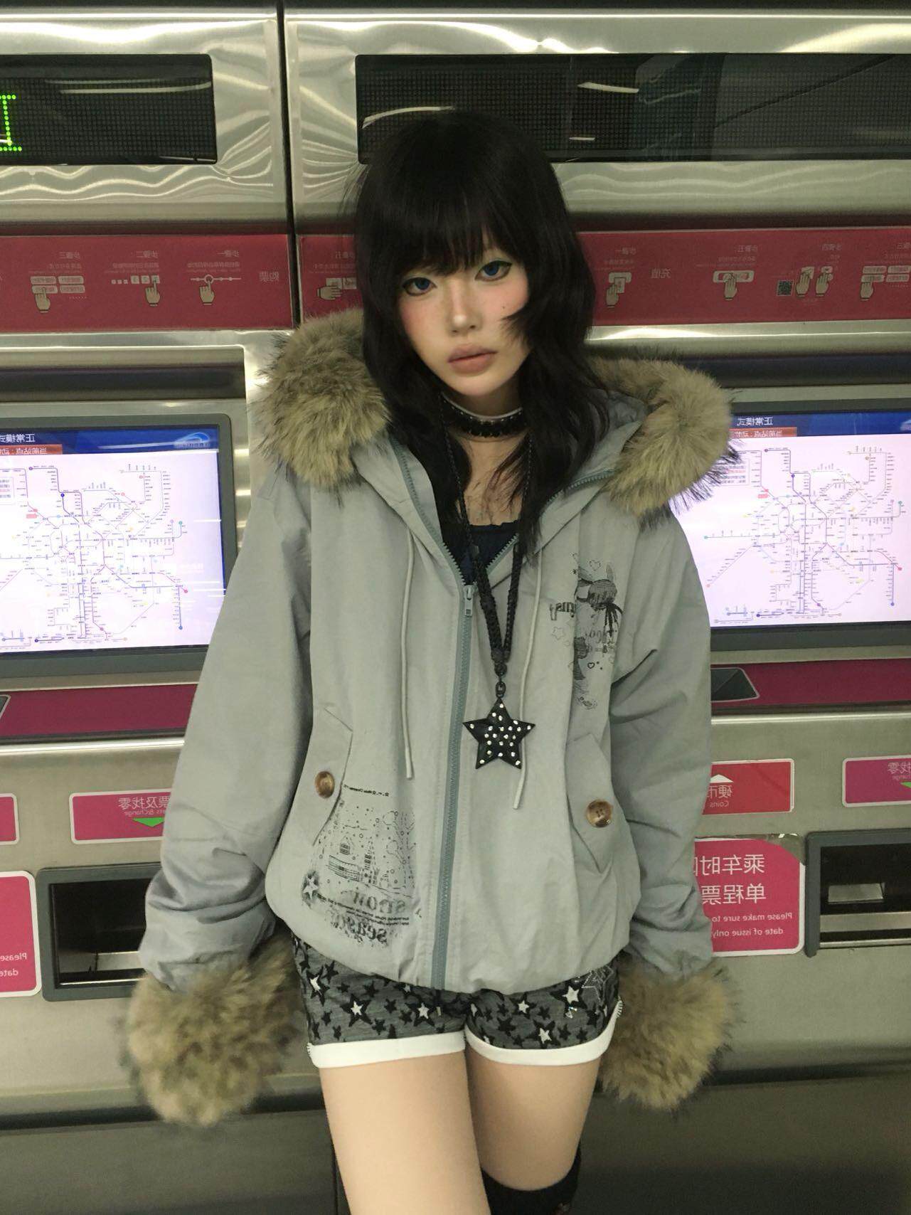 Fake Fur Trim Graphic Print Oversize Hooded Jacket NA9292