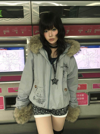 Fake Fur Trim Graphic Print Oversize Hooded Jacket NA9292