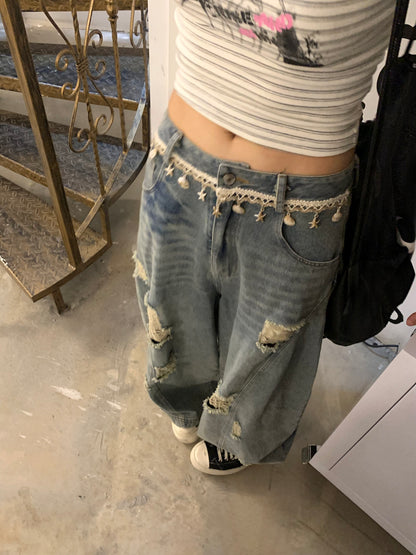 Washed Damage Wide Leg Shell Decoration Denim Jeans NA9258