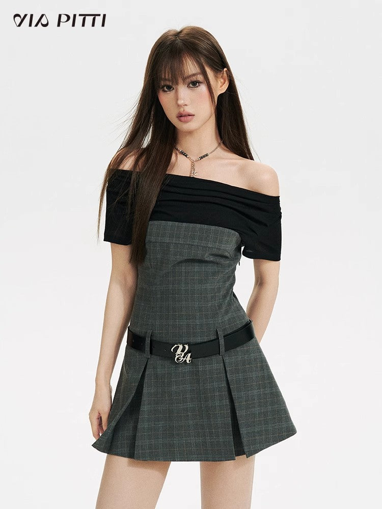 Plaid Panel Waist Fold Short Sleeve Dress NA4952