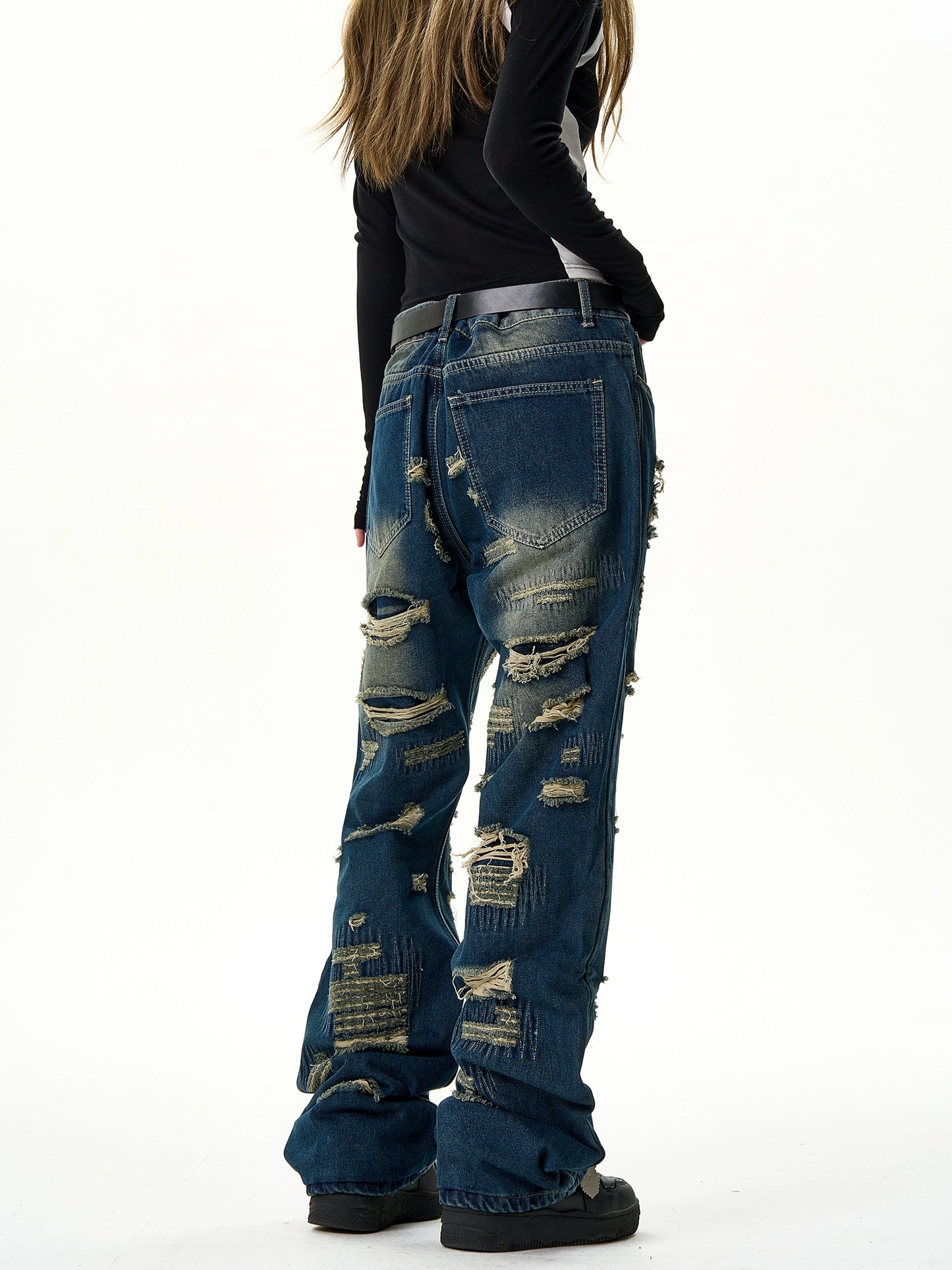 Damaged Straight Denim Jeans NA2989