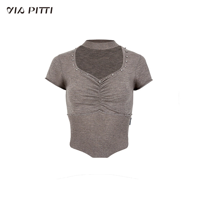 Chocker Neck With Diamond Splice Short Sleeve Knit Top NA4677