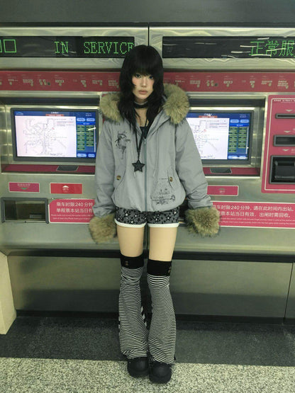 Fake Fur Trim Graphic Print Oversize Hooded Jacket NA9292